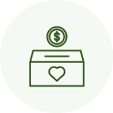 Donation box with heart and coin icon.