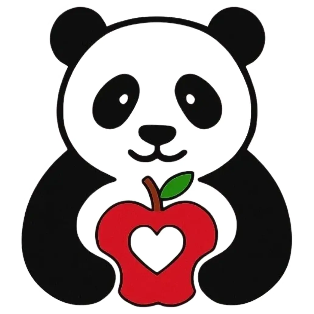 Cute panda holding an apple with a heart-shaped bite.