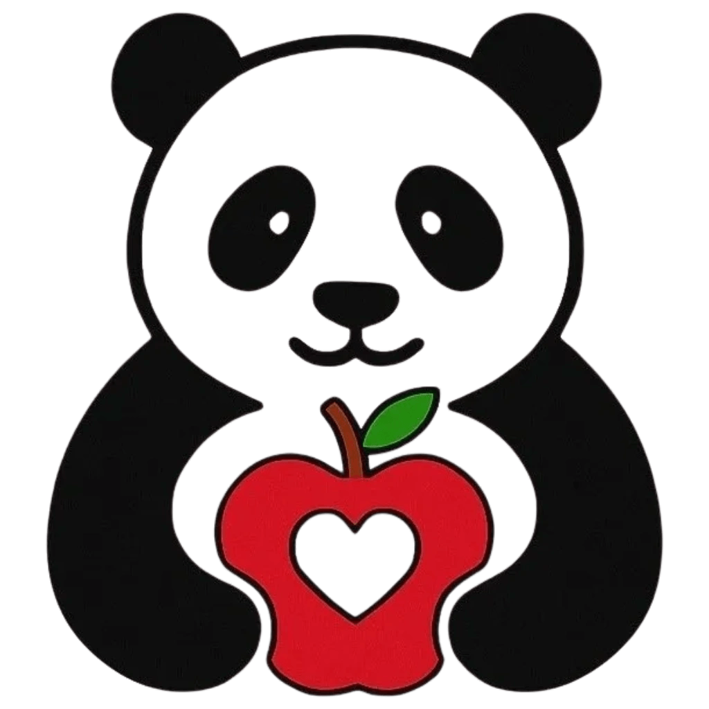 Panda holding apple with heart shape.