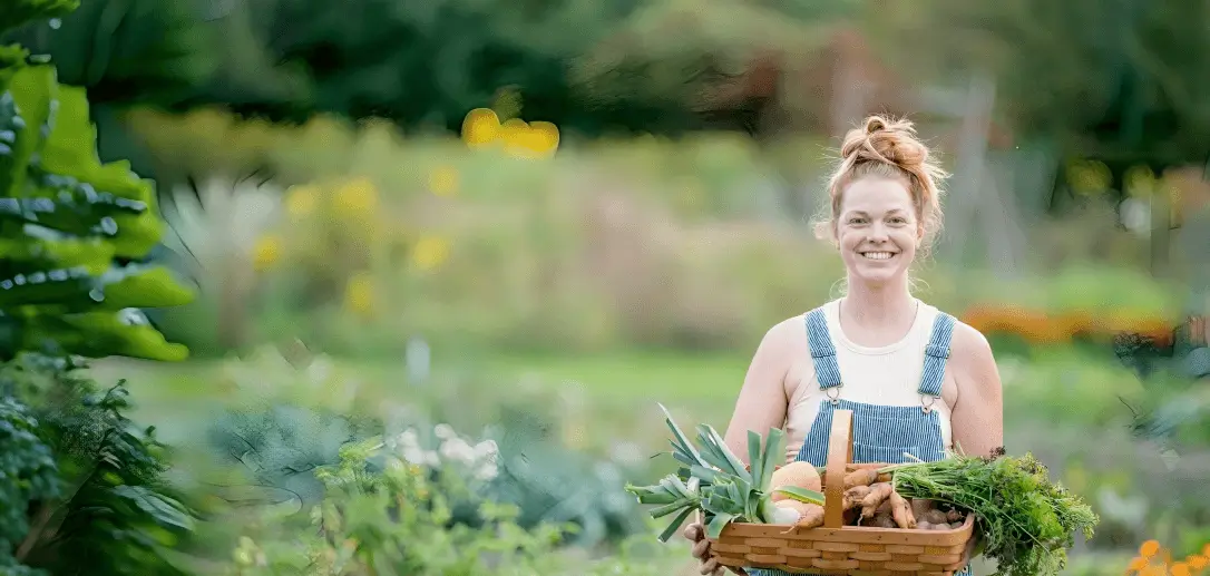 Smiling woman holding a basket of fresh fruits and vegetables outdoors.