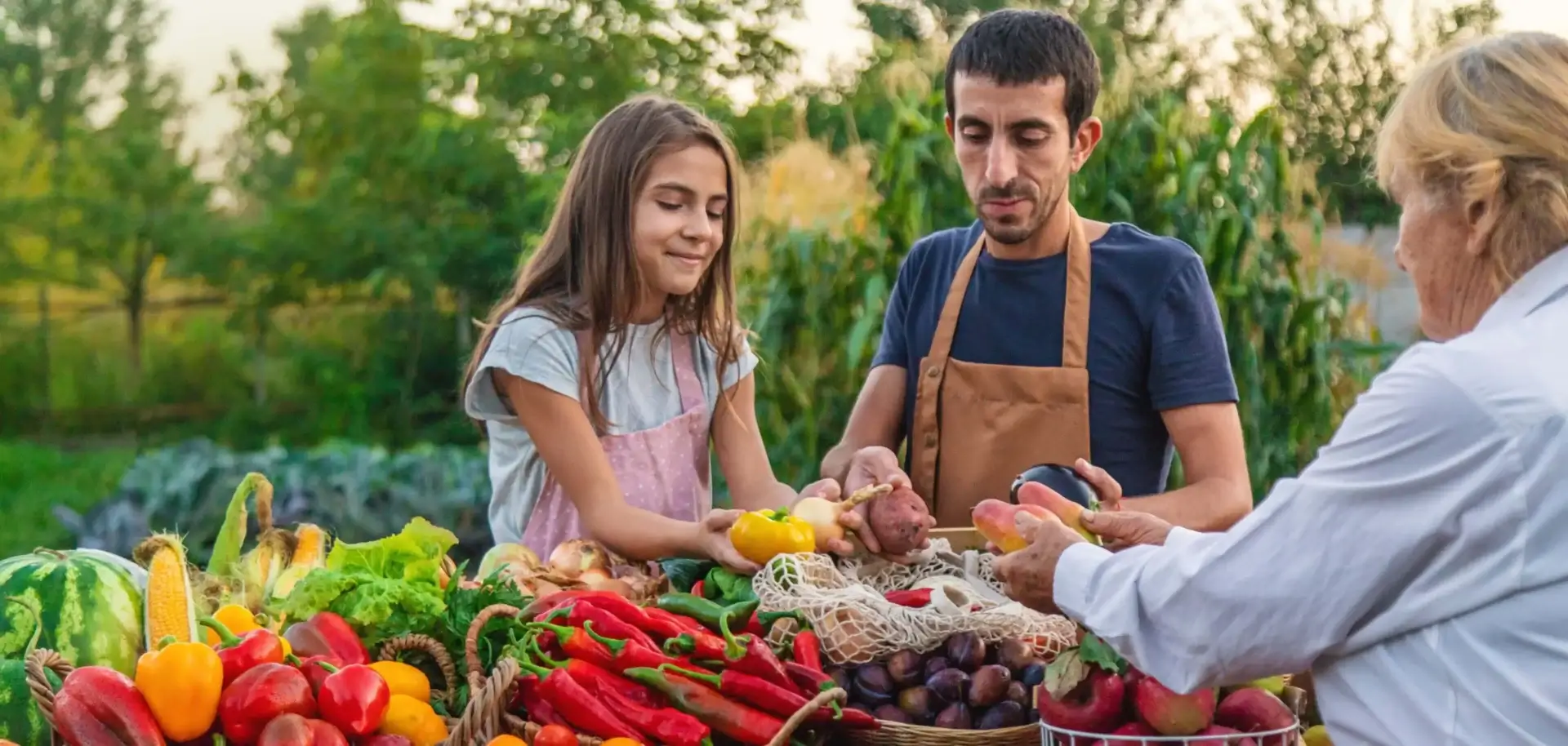 Family picking vegetables at a farm table.