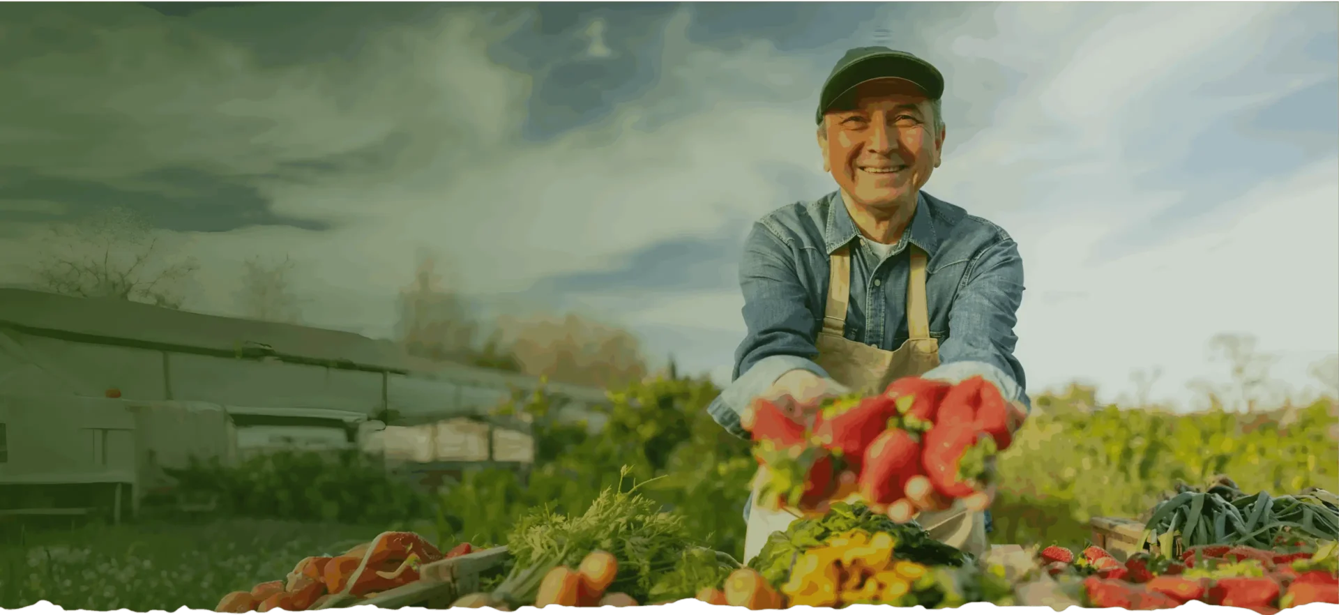 Smiling farmer holding fresh strawberries in a lush garden.